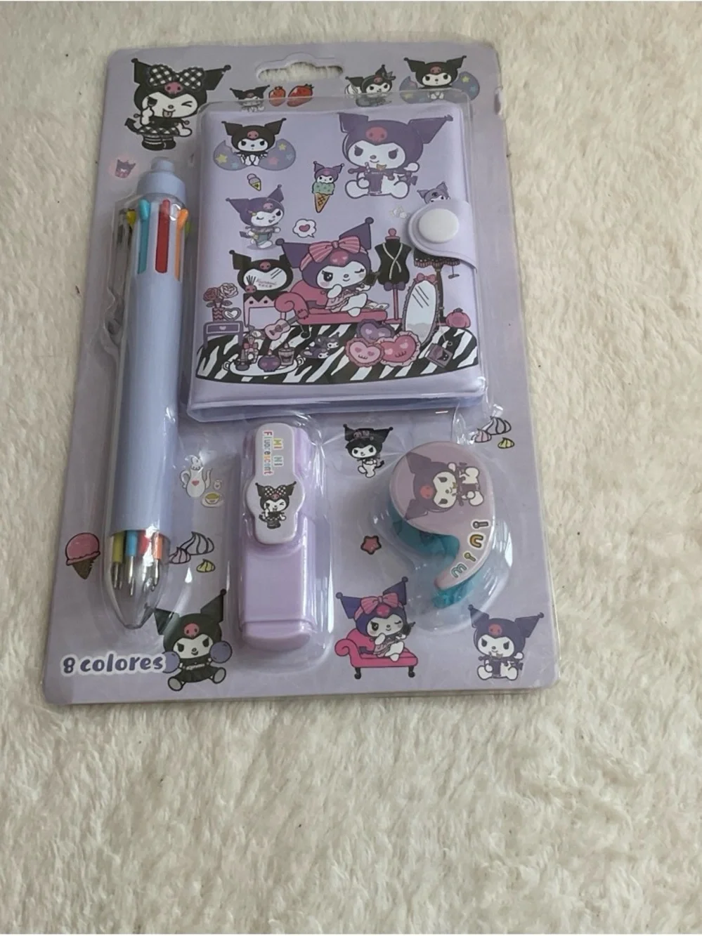 Purple Character Kids Stationery Set with 8-Color Pen